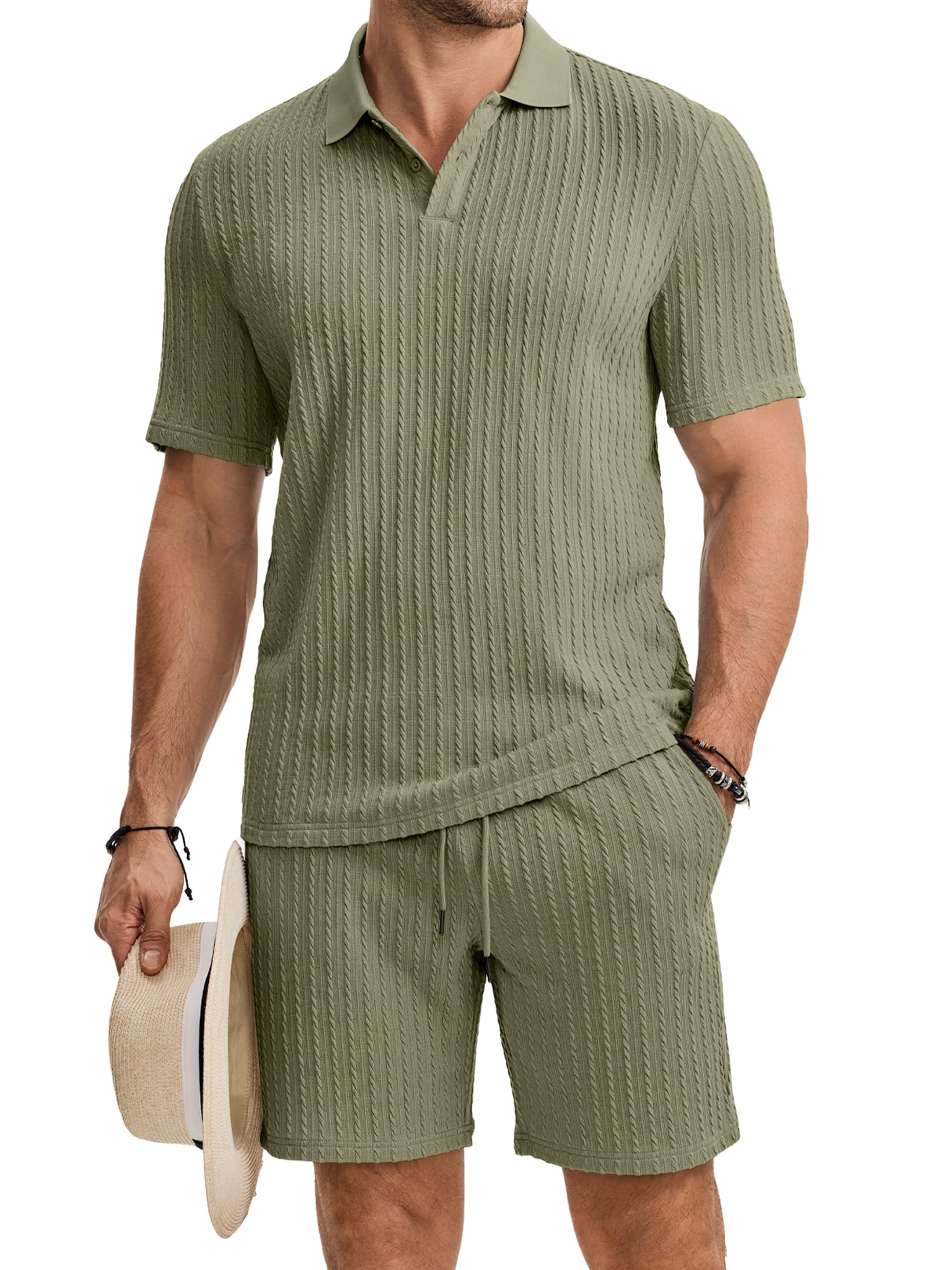 JMIERR Herren Jogginganzug Set Sommer Strick Einfarbig, | 2 Teiliges,Textur Poloshirts Kurzarm,Einfarbig Strick,Kurze Hose mit Elastischer Taille,Old money,Baggy,Freizeit und Alltag