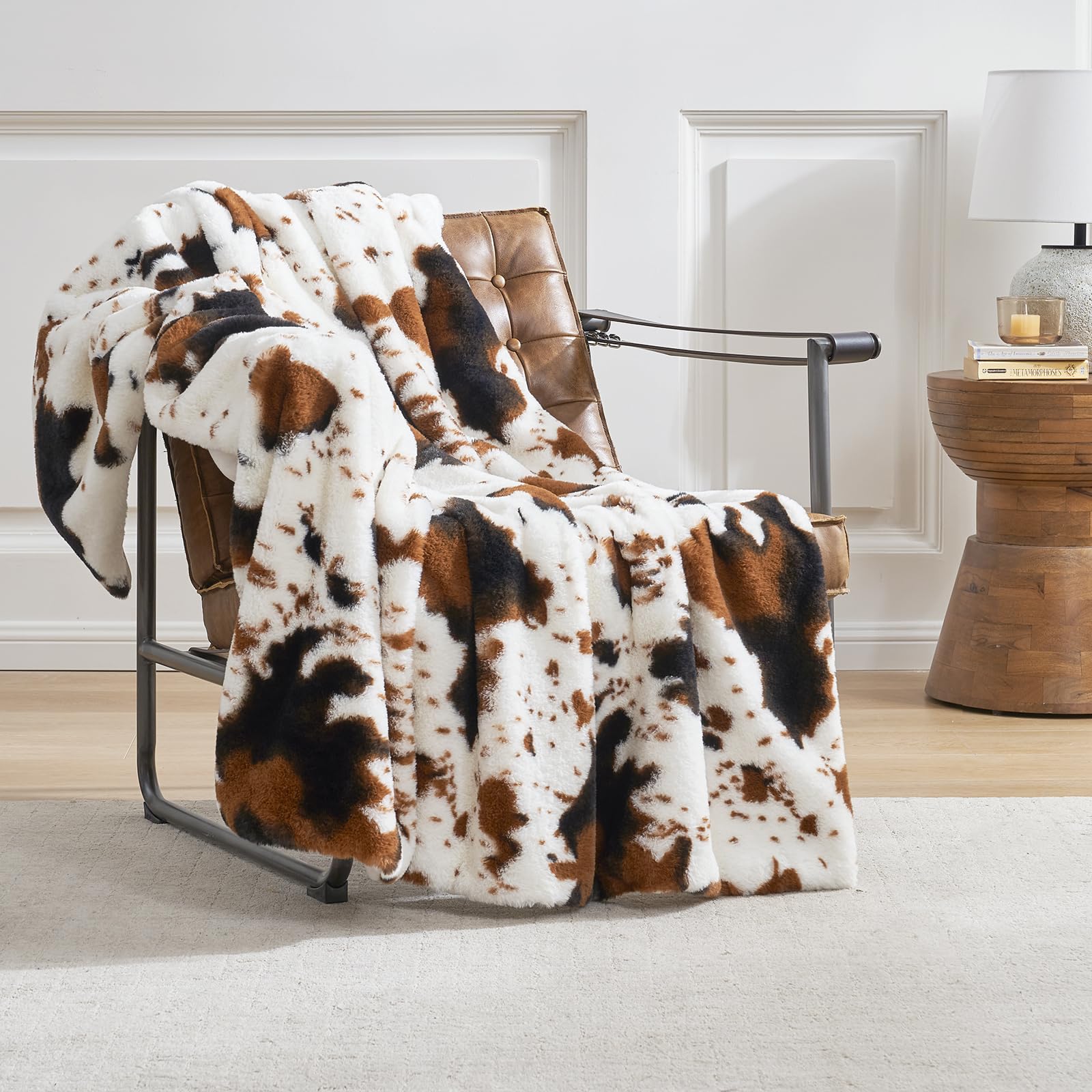 Cozy Bliss Cow Print Faux Fur Throw Blanket, Animal Printed Blankets Super Soft Warm Thick Fluffy Throws Home Decor for Couch Bed Sofa Women (Black&Brown Cow, 50x60 Inches)