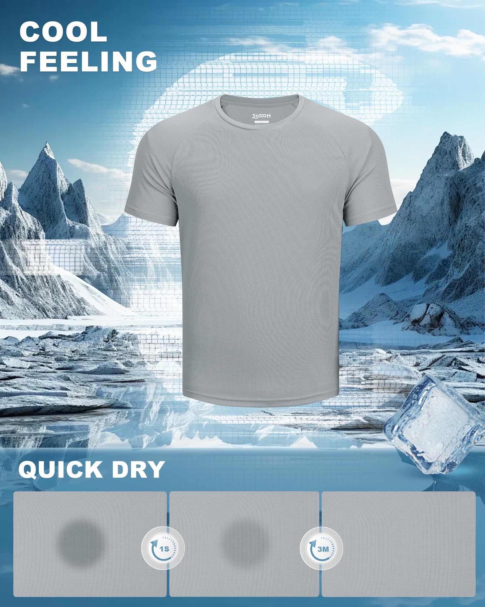 33,000ft Mens Sport Tshirt Manica Corta ad Asciugatura Rapida Camicia Traspirante Regular Fit per la Corsa Allenamento