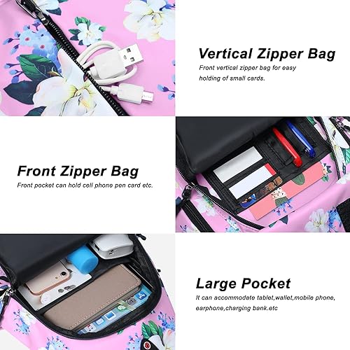 Miniatura 7 de MOSISO Paquete de 2 mochilas cruzadas con diseño de flor de mirto, bolsa de pecho con bolsillo antirrobo, gris espacial y rosa