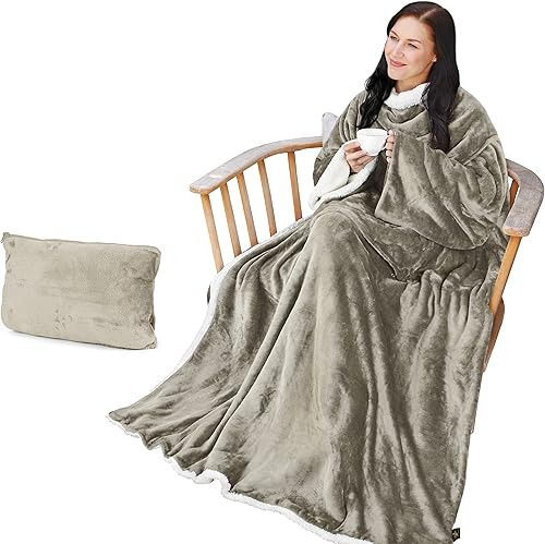 Catalonia Manta Sherpa con mangas y brazos, manta de cuerpo súper suave y cómoda para mujeres y hombres adultos, portátil, regalo para ella