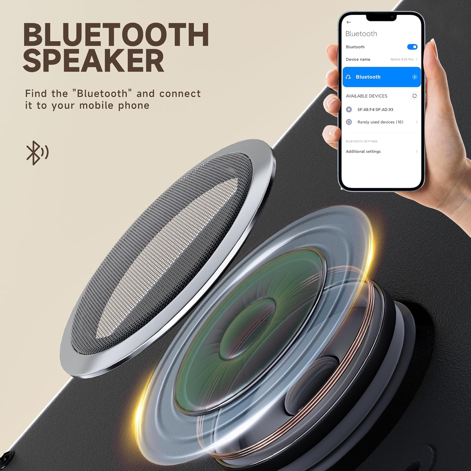 Components of the MINISO LED Makeup Mirror's Bluetooth speaker and a phone displaying Bluetooth pairing settings