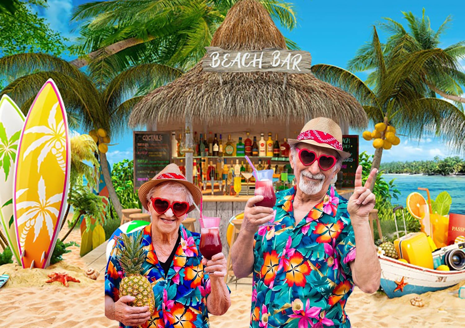 Sfondo Fotografico Spiaggia Hawaii 3x2.5m, Estate Tropicale Palme Spiaggia Bar Tavola da surf Luau Tiki Tema Fotografia Sfondo Hawaii Aloha Compleanno Festa Decorazione Banner Studio Puntelli