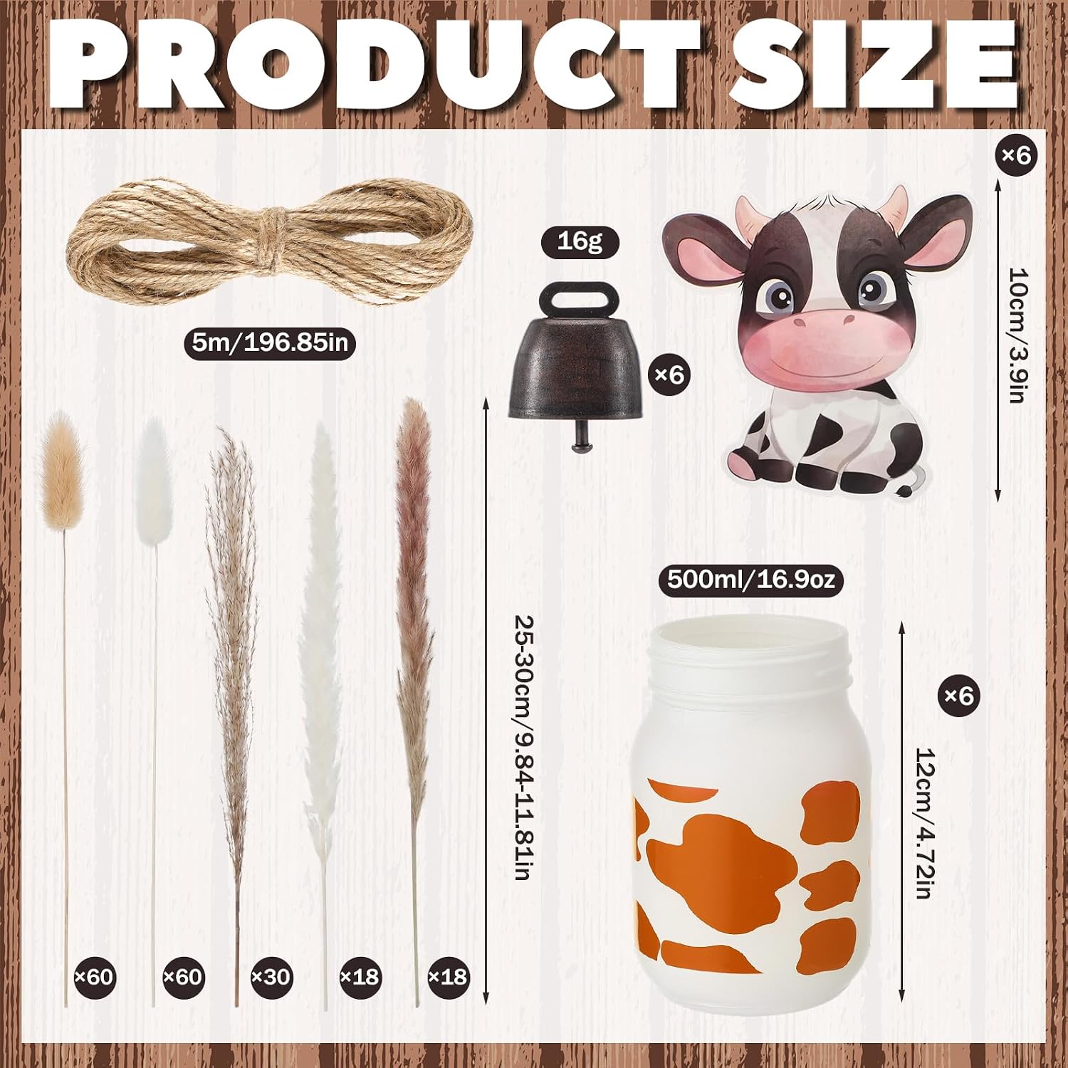 6 Sets Cow Party Centerpieces Farm Birthday Decorations 204 Pcs Western Baby Shower Table Topper with Glass Jars Cutout Simulated Dried Grass Copper Bell for Home Birthday Party Decor