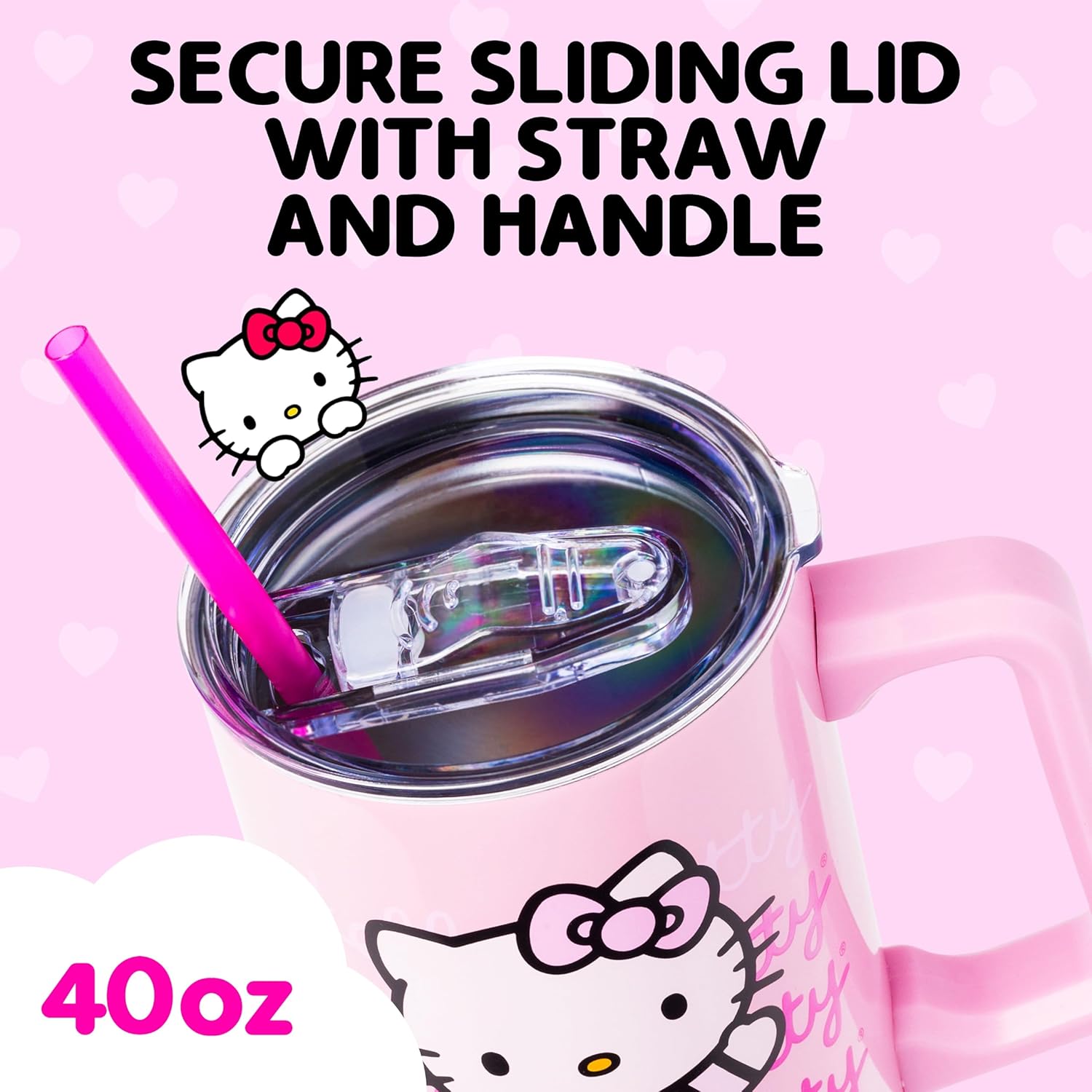 Silver Buffalo Sanrio Hello Kitty Waving Double Walled Stainless Steel Tumbler with Handle and Straw, Fits in Standard Cup Holder, 40 Ounces - Image 3