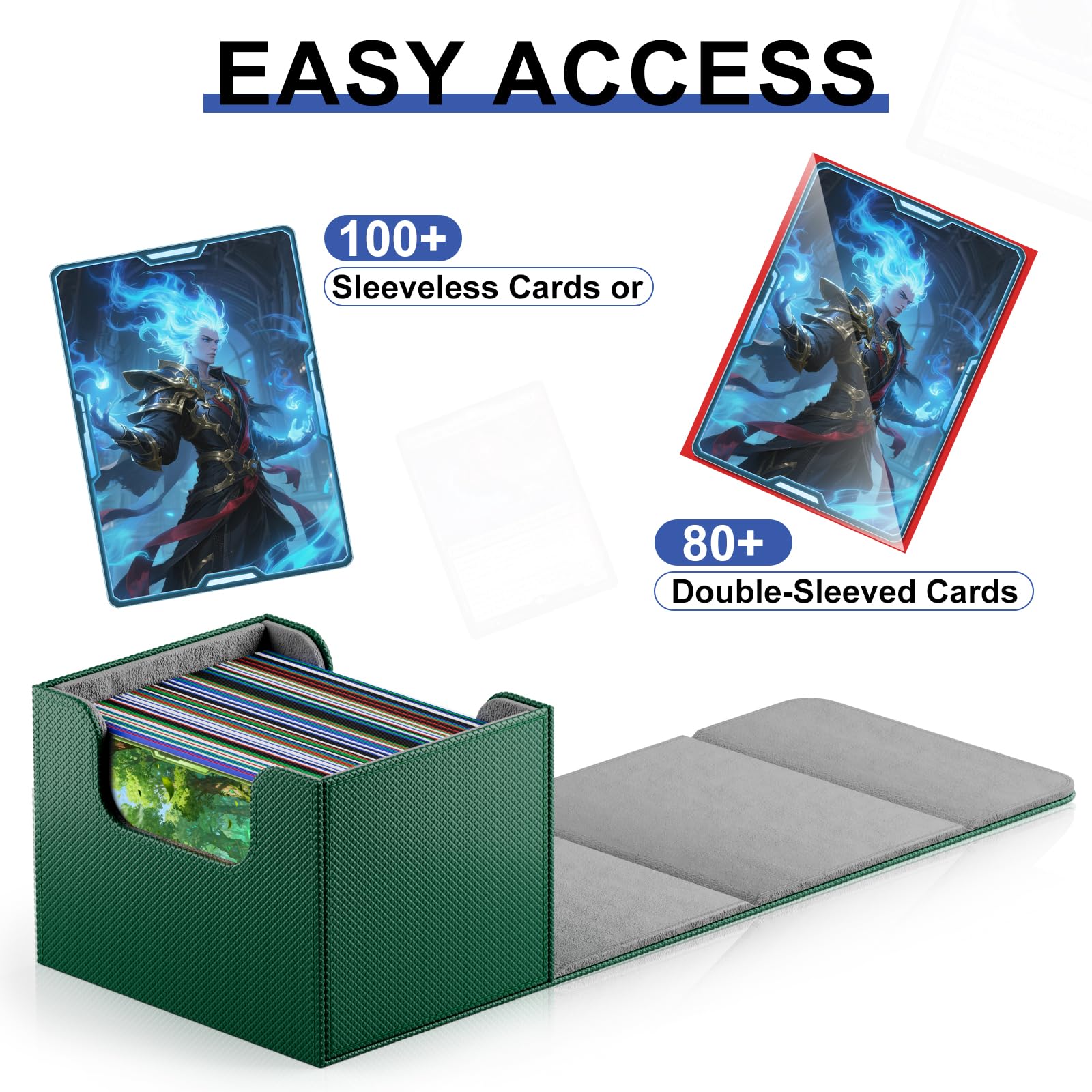 TiopLior 4 skórzane pudełka na karty MTG TCG, kolekcjonerskie karty do gier, poziome pudełko kart kompatybilne z Magic Commander Decks (czarny, zielony, czerwony, niebieski)