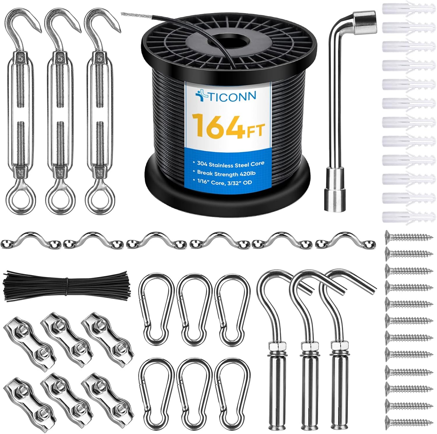 TICONN String Light Hanging Kit with 164ft Coated Stainless Steel Wire