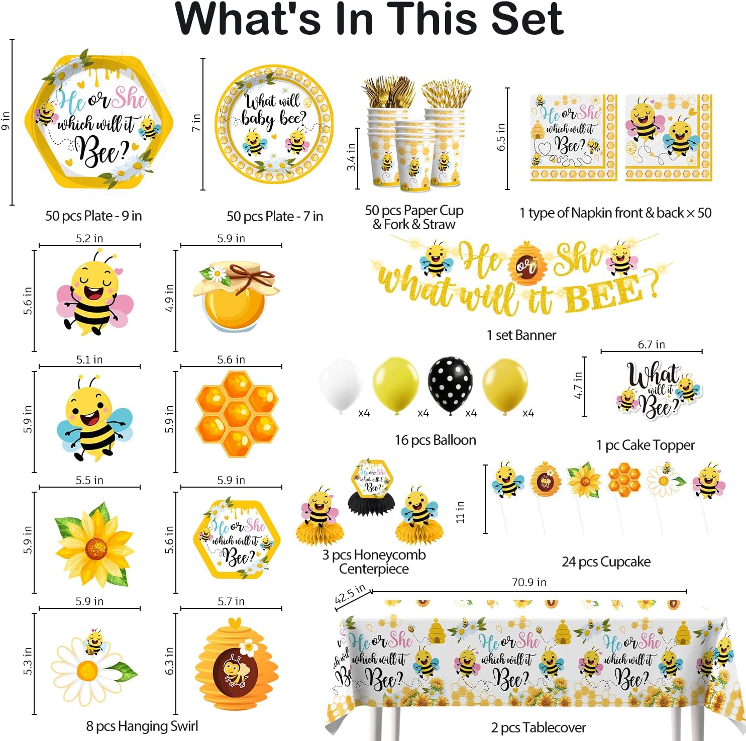 Yingto 356 PCS What Will It Bee Gender Reveal Decorations, Serves 50, What Will Baby Bee Tableware Set with Plates, Napkins, Cups, 2 Tablecloths, Banner, for Bee Gender Reveal Decorations
