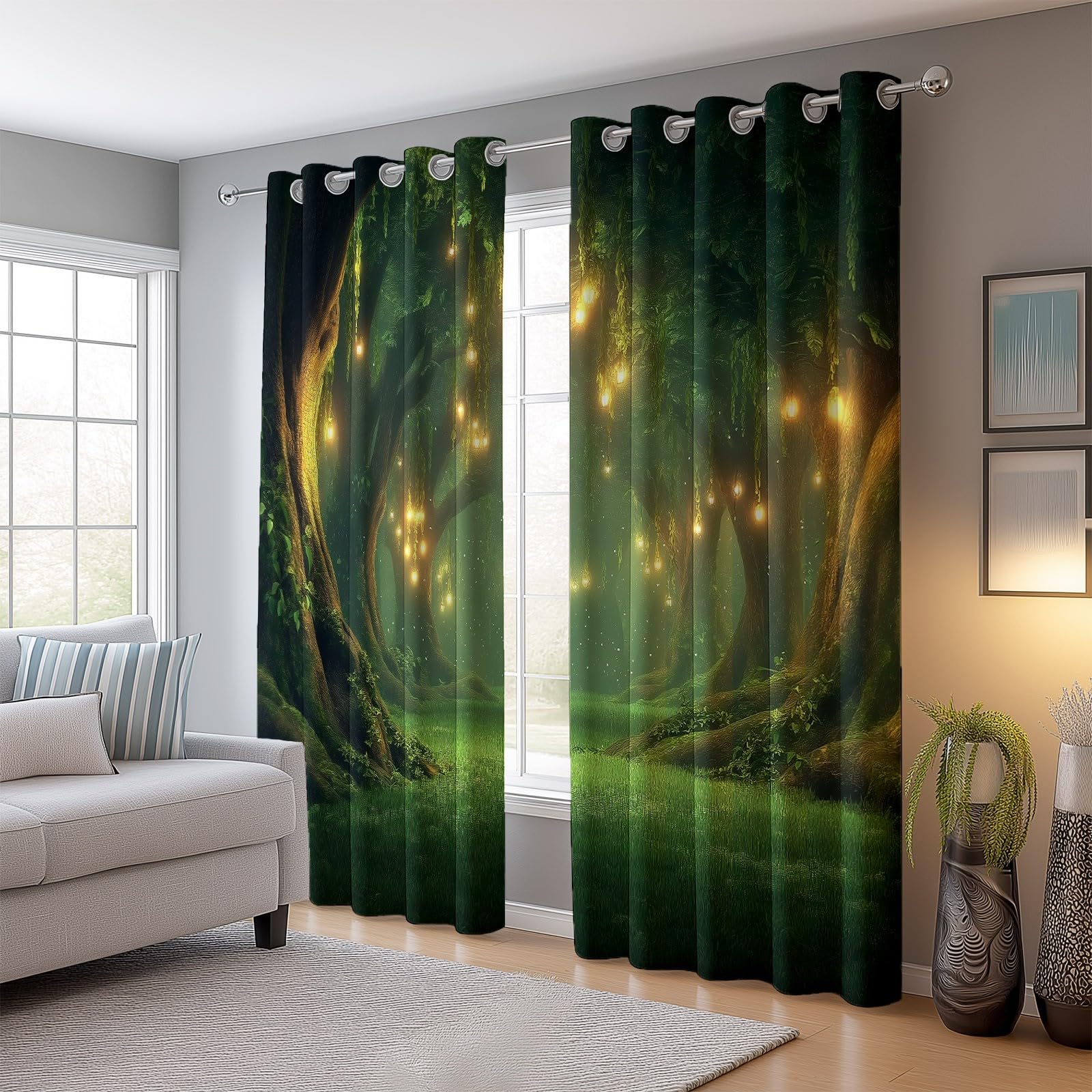 Marzycielskie światła w lesie zasłony z nadrukiem 140 cm x 240 cm (2 panele) zasłony sypialnia pokój dziecięcy młodzież izolowane termicznie zasłony okienne zielone