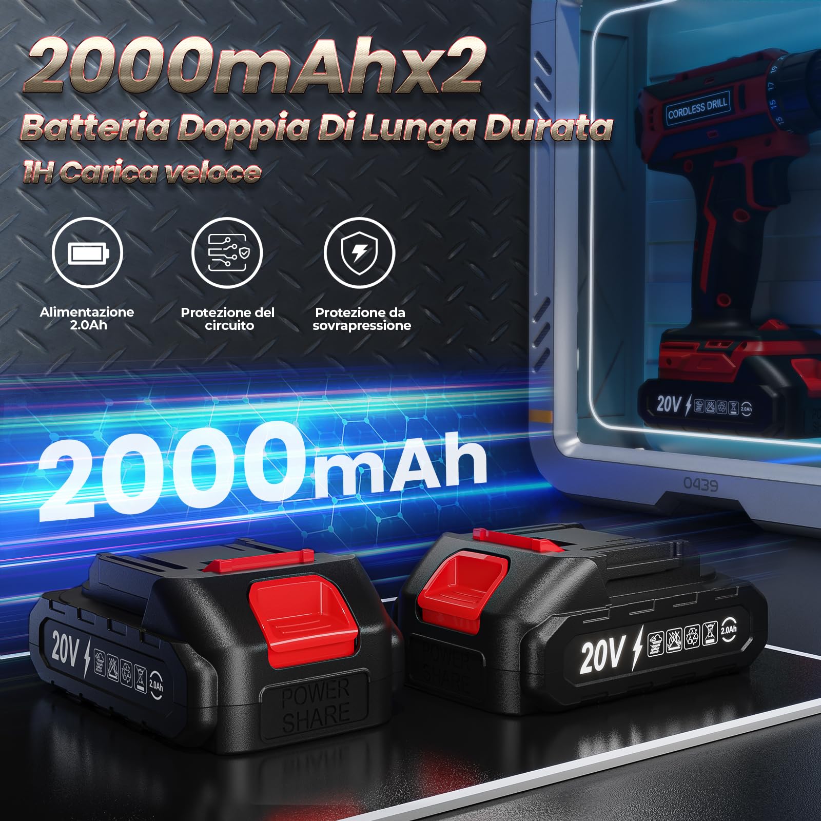 Trapano Avvitatore Batteria con 2 Batterie, 20V Avvitatore a Batteria Max 42Nm, 2 Velocità Trapano a Batterie LED, Compatibile con Batterie Makita, 25+1 Coppia, Mandrino 10mm, per Riparazioni e DIY