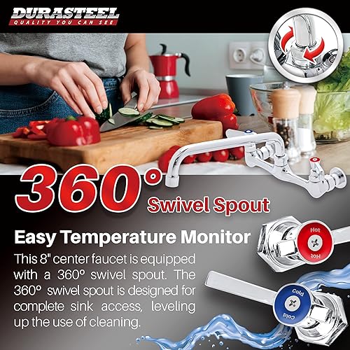 Miniatura 18 de DuraSteel Grifo de fregadero de cocina comercial, sin plomo, 8 pulgadas, para montaje en pared, con boquilla giratoria de 14 pulgadas, certificado