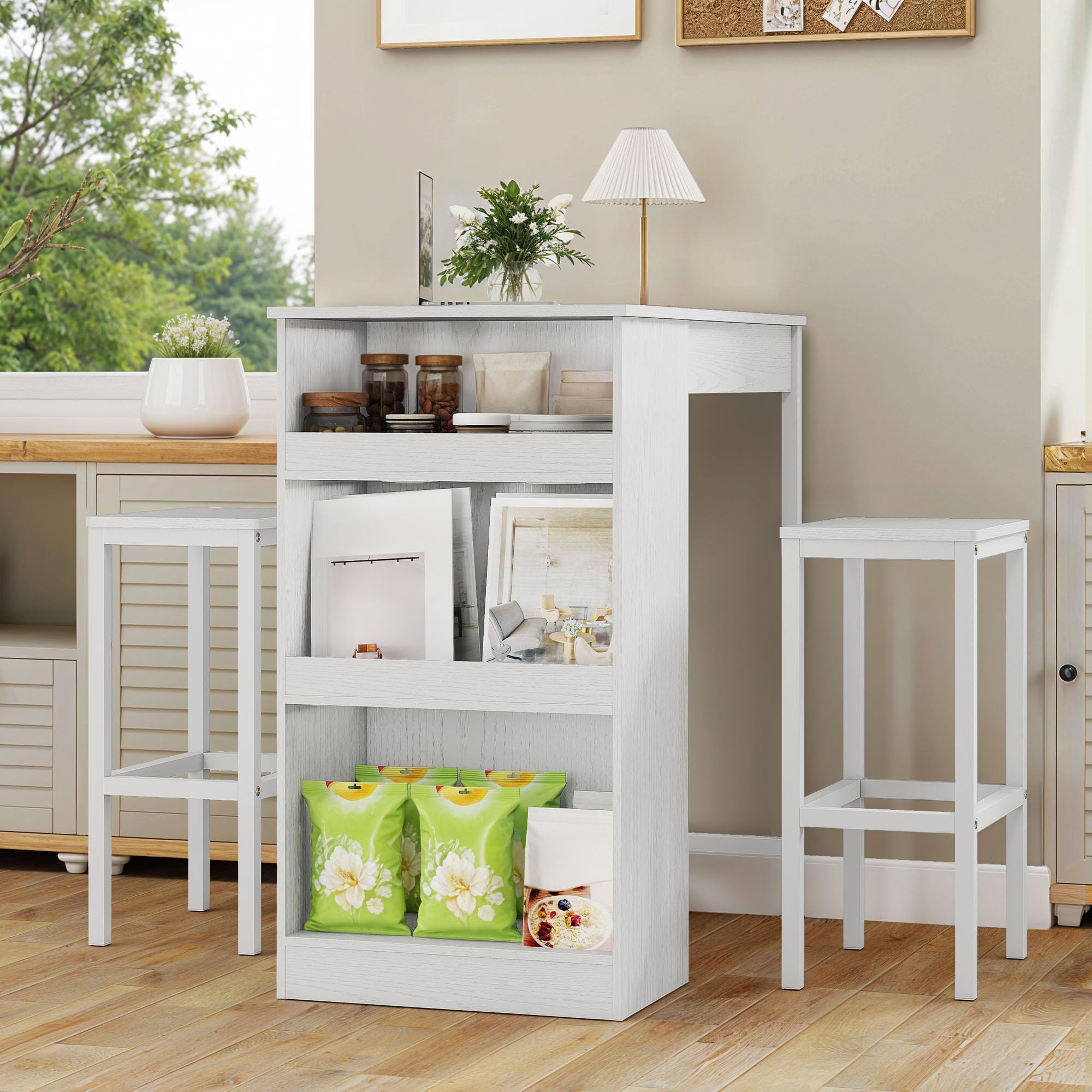 DWVO Barra de Desayuno, Mesa de Bar con 2 taburetes y Estante de Almacenamiento, Juego de Mesa de Bar de Estilo Industrial para Cocina, Comedor, Pub, Color Blanco | Juego de barra de desayuno, estante de almacenamiento para cocina, comedor, pub, marco de
