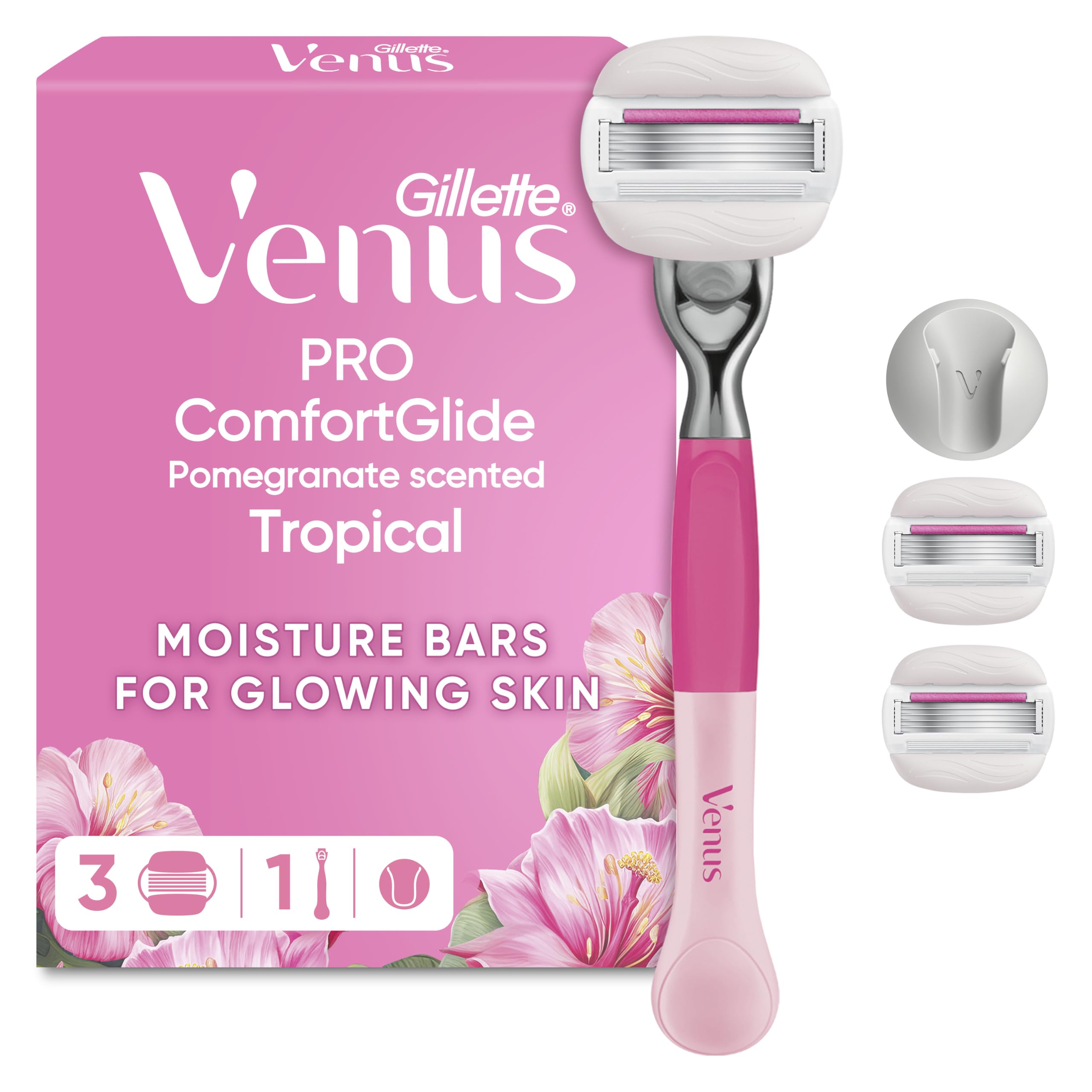 Gillette Venus Pro ComfortGlide Tropical Razor for Women, 1 Handle & 3 Blade Refill - Pomegranate Scented, Olay Moisture Bars, Reusable Metal Handle, Shower Holder