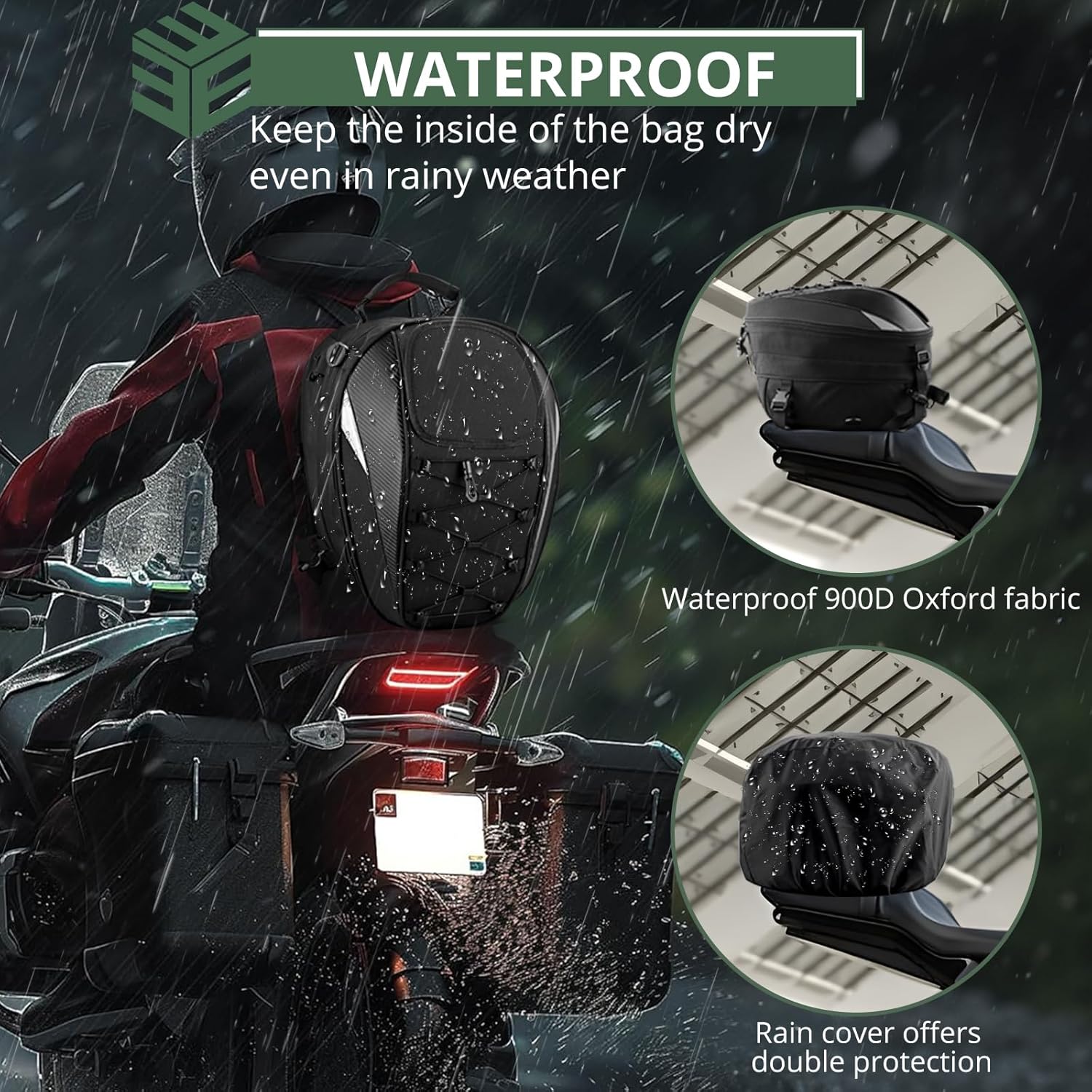 EYPINS 38L Motorcycle Tail Bag, Expandable Waterproof Motorbike Helmet Backpack Luggage Bag with Rain Cover for Motorcycle