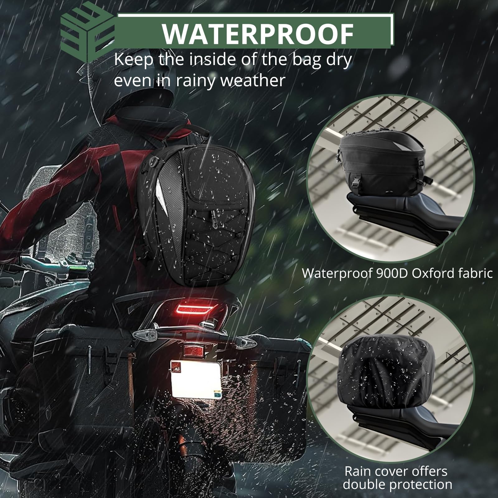 EYPINS Hecktasche Motorrad, Erweiterbar Wasserdicht Motorradtasche mit Reflexstreifen, Regenschutz, verstellbare Gurte Motorrad-Rucksack, Integralhelm-Organisator, Schwarz