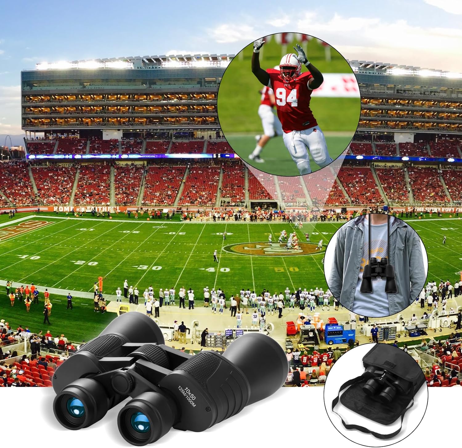 10x50 High Powered Binoculars for Adults - Large View Waterproof Binoculars with Low Light Vision BAK-4 Prism FMC Lens for Bird Watching Hunting Football Games Travel Stargazing Cruise, Black - Image 6