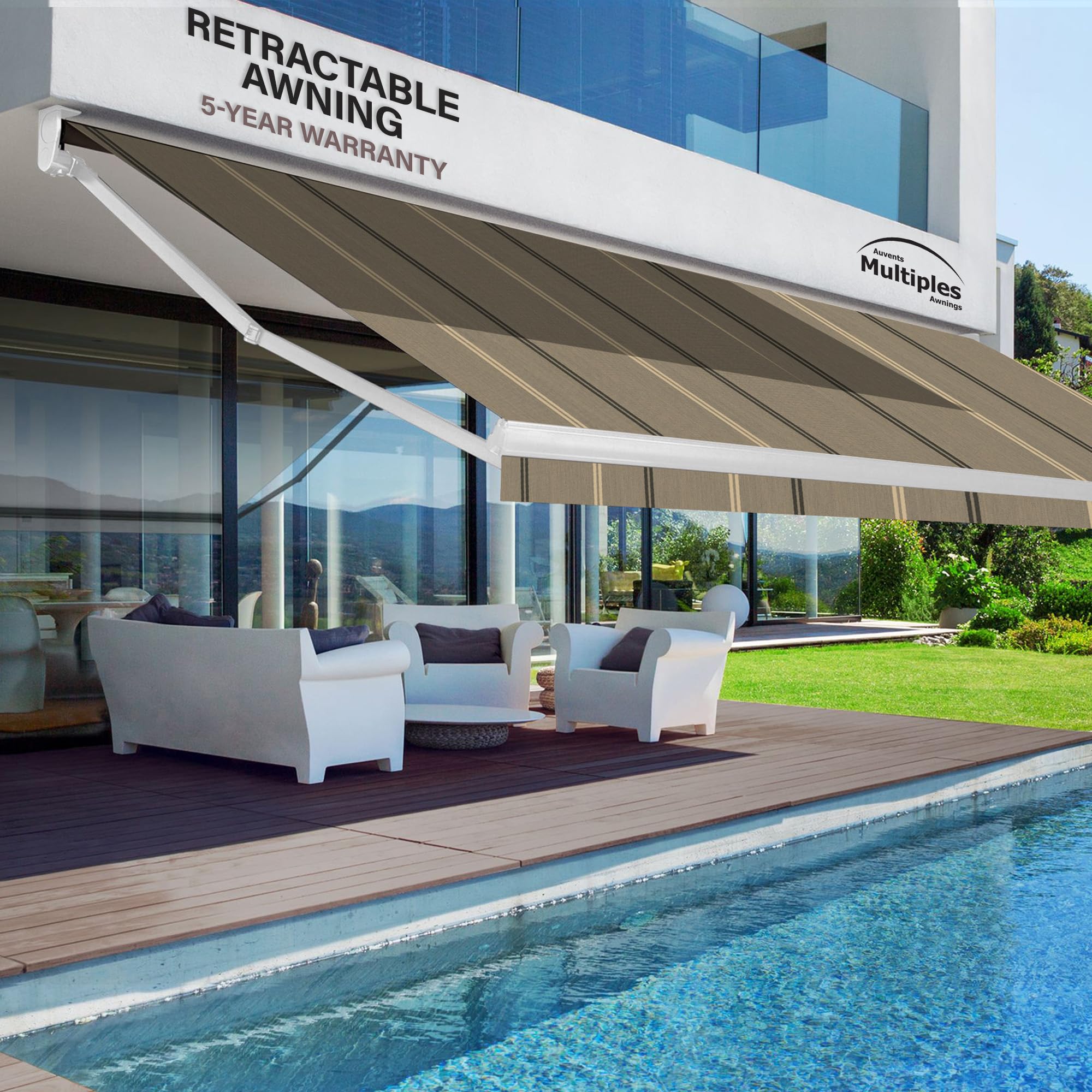 Motorized Awning Outdoor Retractable with White Structure, 15ft Electric Cord, Remote Control & Wind Sensor, UV Protected Awning for Home & Patio (10W x 8L FT) - Manchester