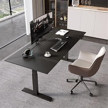 PC Desk Electric Standing Desk with Leather Desktop, Adjustable Height Sit Stand Up with 3 Memory Presets, Charging Outlets, Black(L)