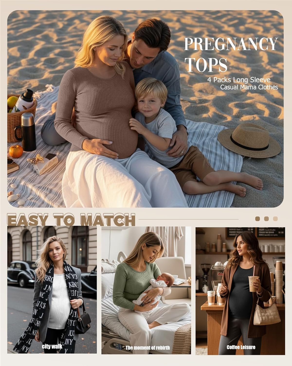 4 Pack Women's Ribbed Maternity Shirts, Scoop Neck Long Sleeve Knit Pregnancy Tops Slim Basic Tee Clothes - Image 5