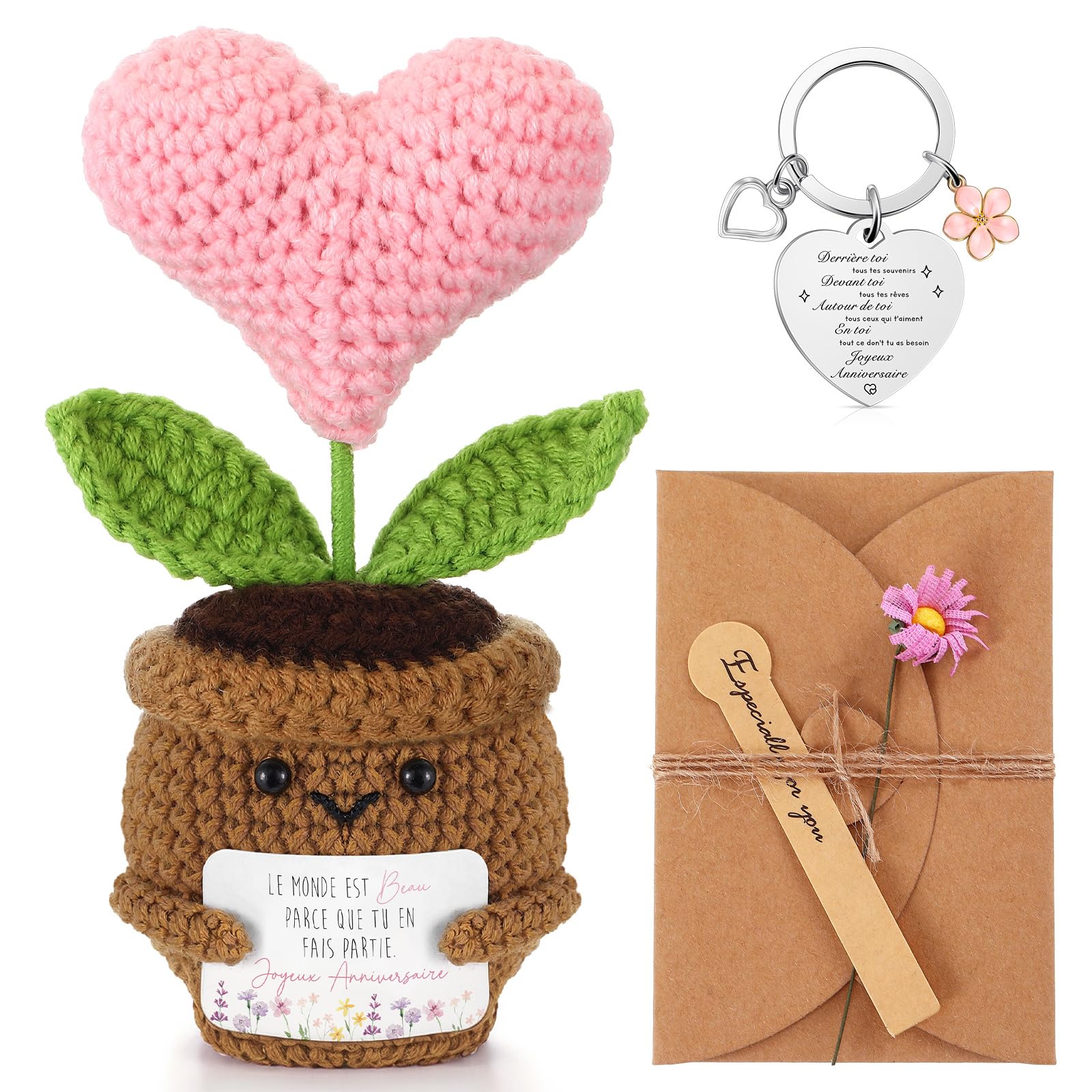 Hicarer 3 Pièces Cadeau Anniversaire Femme Petite Poupée au Crochet Fait-Main Porte-Clés Carte de Vœux avec Marguerite Cadeau pour Meilleur Amie Collègue Maman Mamie