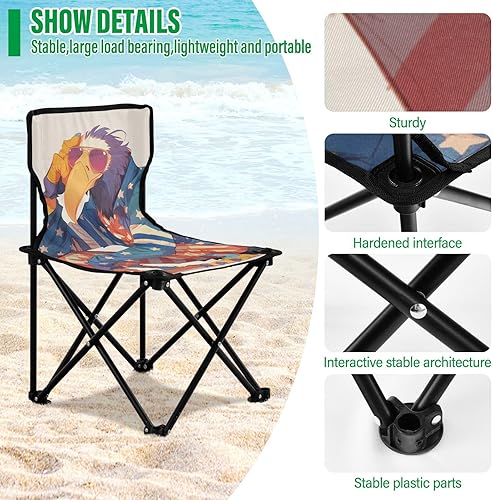 Miniatura 5 de Sillas de campamento portátiles de dibujos animados con estilo de pájaro de buitre rey patriótico azul y rojo para adultos, silla de campamento