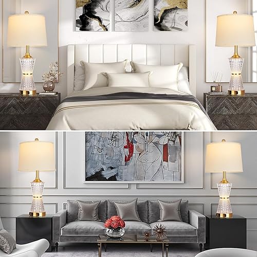 Miniatura 7 de Juego de 2 lámparas de mesa de cristal de 26 pulgadas, lámparas de mesa modernas doradas con 2 puertos de carga USB y salida de CA, lámpara de