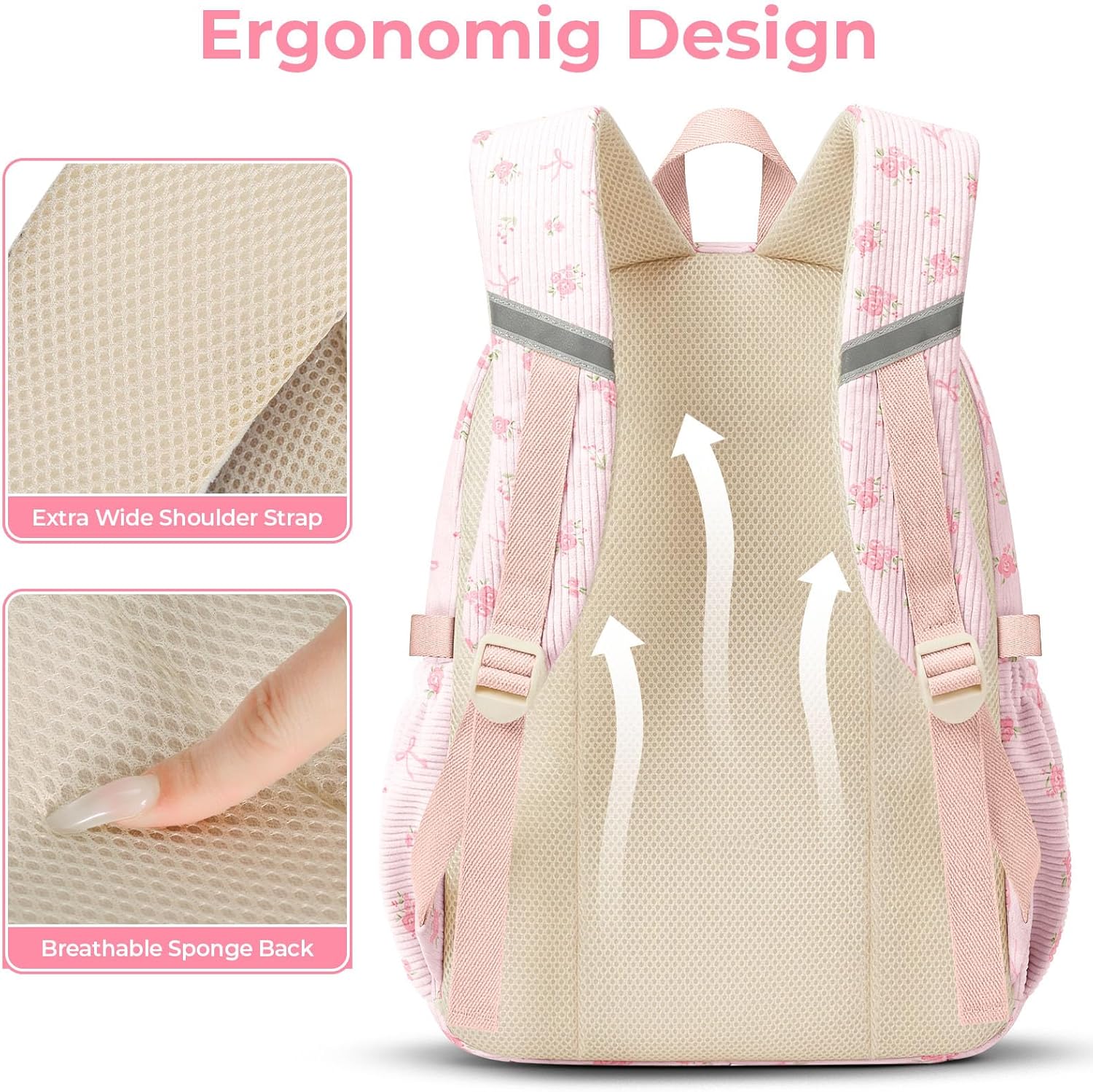 WOBAGMEN Corduroy Backpack for Women,Cute Aesthetic Backpack with Multi-Pocket, Lightweight Bookbag Fits 15.6" Laptop, Large Capacity Casual Daypacks for travel (Pink Bow Floral, M)