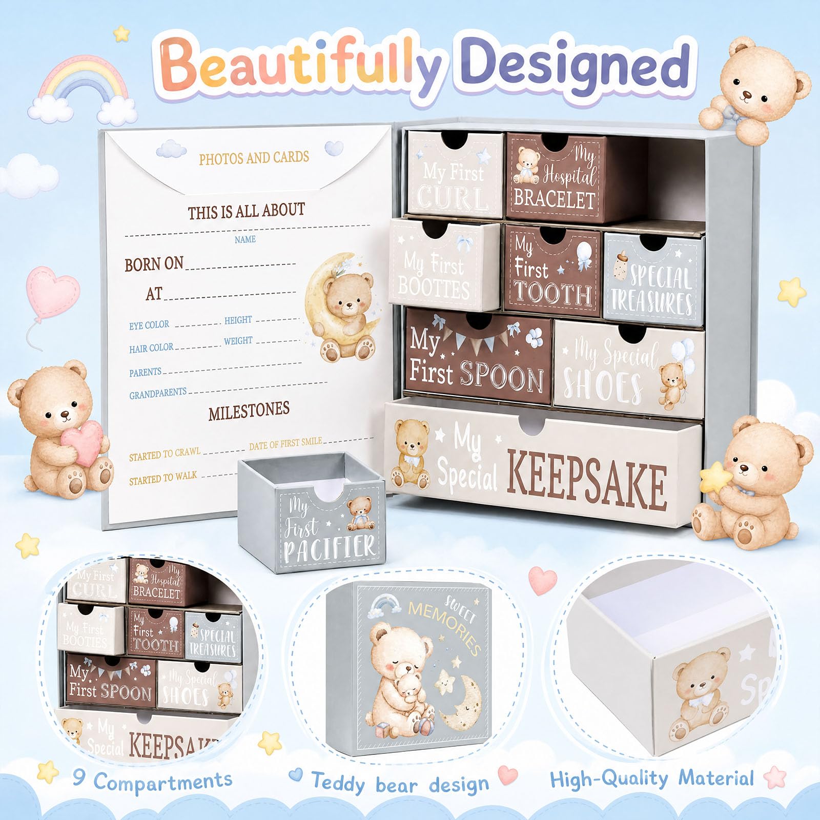 Pajean Caja de recuerdos de oso de peluche para recién nacido, caja de