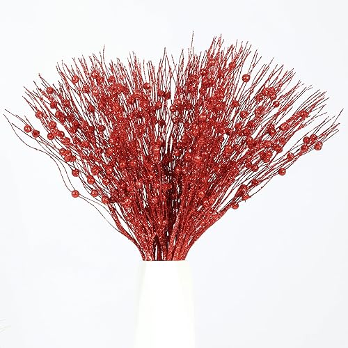 Miniatura 7 de joyhalo Paquete de 24 púas y aerosoles para árbol de Navidad, decoraciones de relleno de árbol de Navidad, adornos de tallo de bayas con purpurina,
