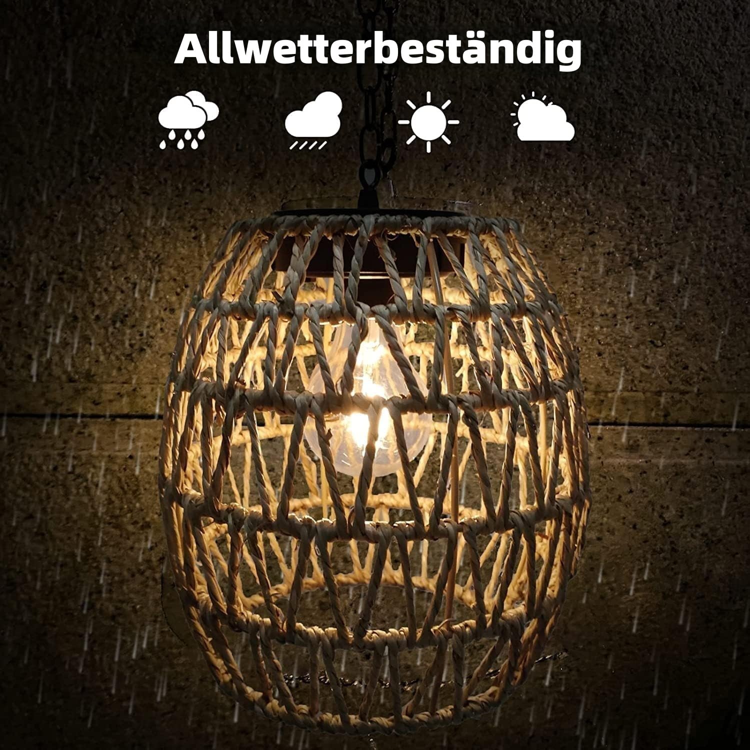 pearlstar Lampade solari da appendere per esterni, in rattan, con catena, lanterne per esterni, resistenti alle intemperie, decorazione boho per giardino, balcone, terrazza, cortile e tavolo