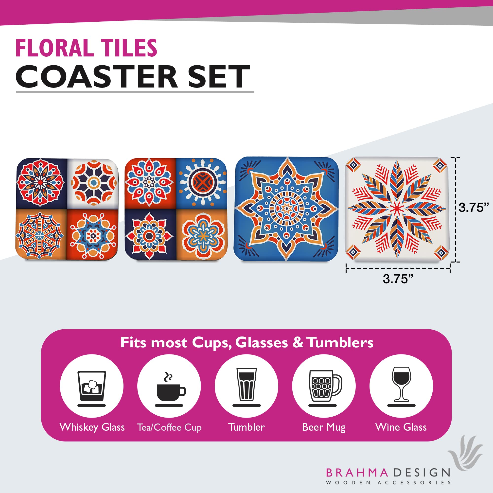 BRAHMA DESIGN Wooden Coaster Set With Gift Box | Floral Tiles Design | Set of 4 Tabletop Square Coasters 3.75