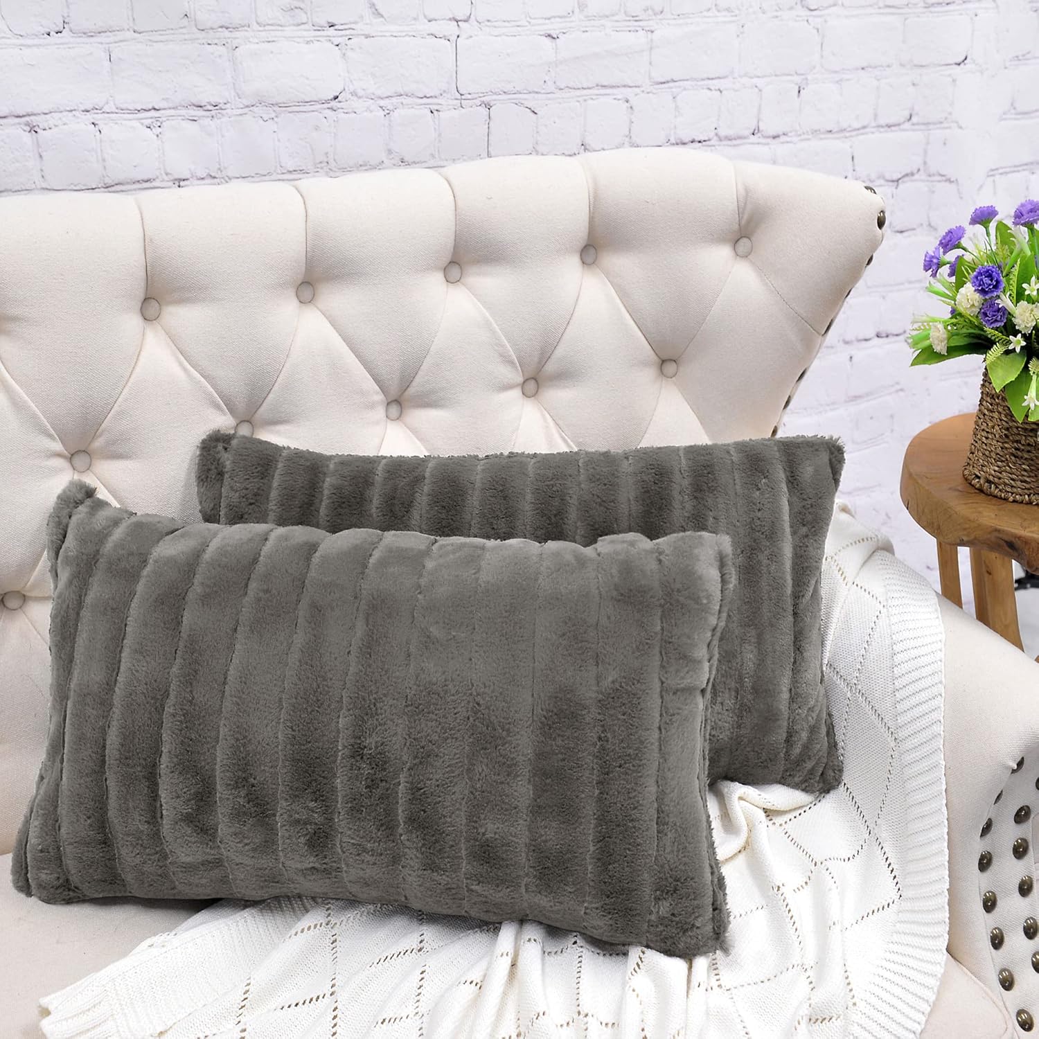 BYTIDE Striped Faux Fur Decorative Lumbar Throw Pillow