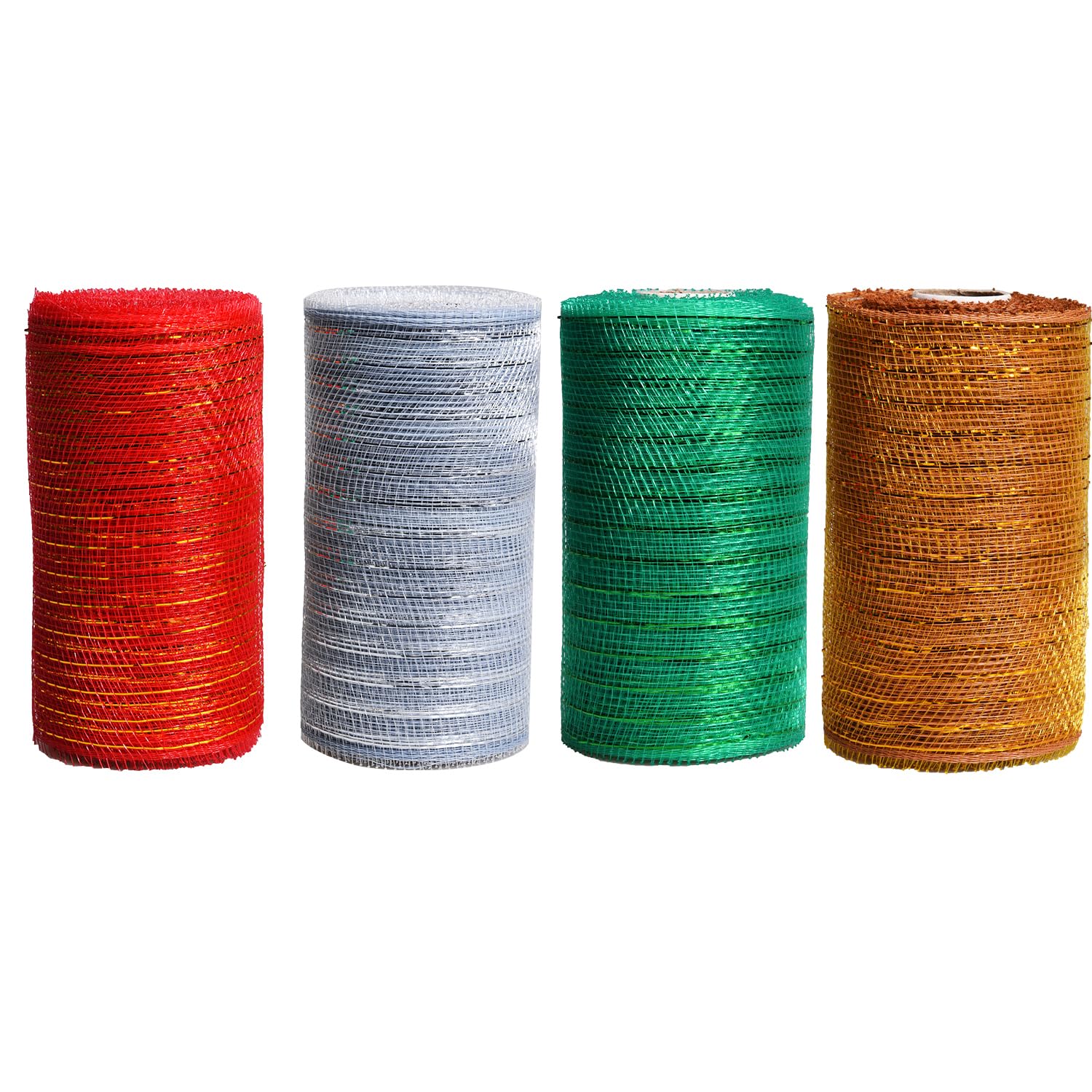 MFUOE 4 Rolls 15cm x 10 Yards Christmas Mesh Ribbon Rolls Red Green Gold Silver Poly Mesh Rolls Christmas Deco Mesh Rolls for Wreath Swags