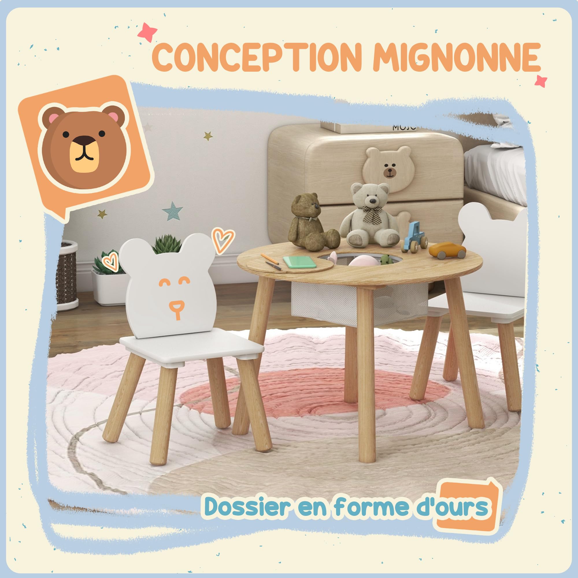 AIYAPLAY Table Enfant avec Chaise, Ensemble de Table et 2 chaises pour Enfants, Dossier en Forme d'ours pour Jouer, étudier, Bricolage, 3-6 Ans, Bois Naturel