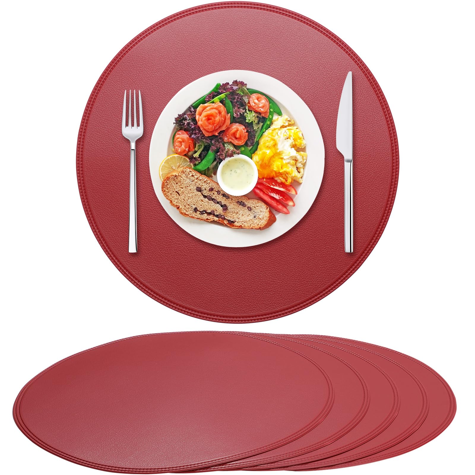 Rinpon Round Vinyl Placemats Set of 6, Faux Leather Waterproof Wipeable Heat Resistant Place Mats, Washable Oil-Proof