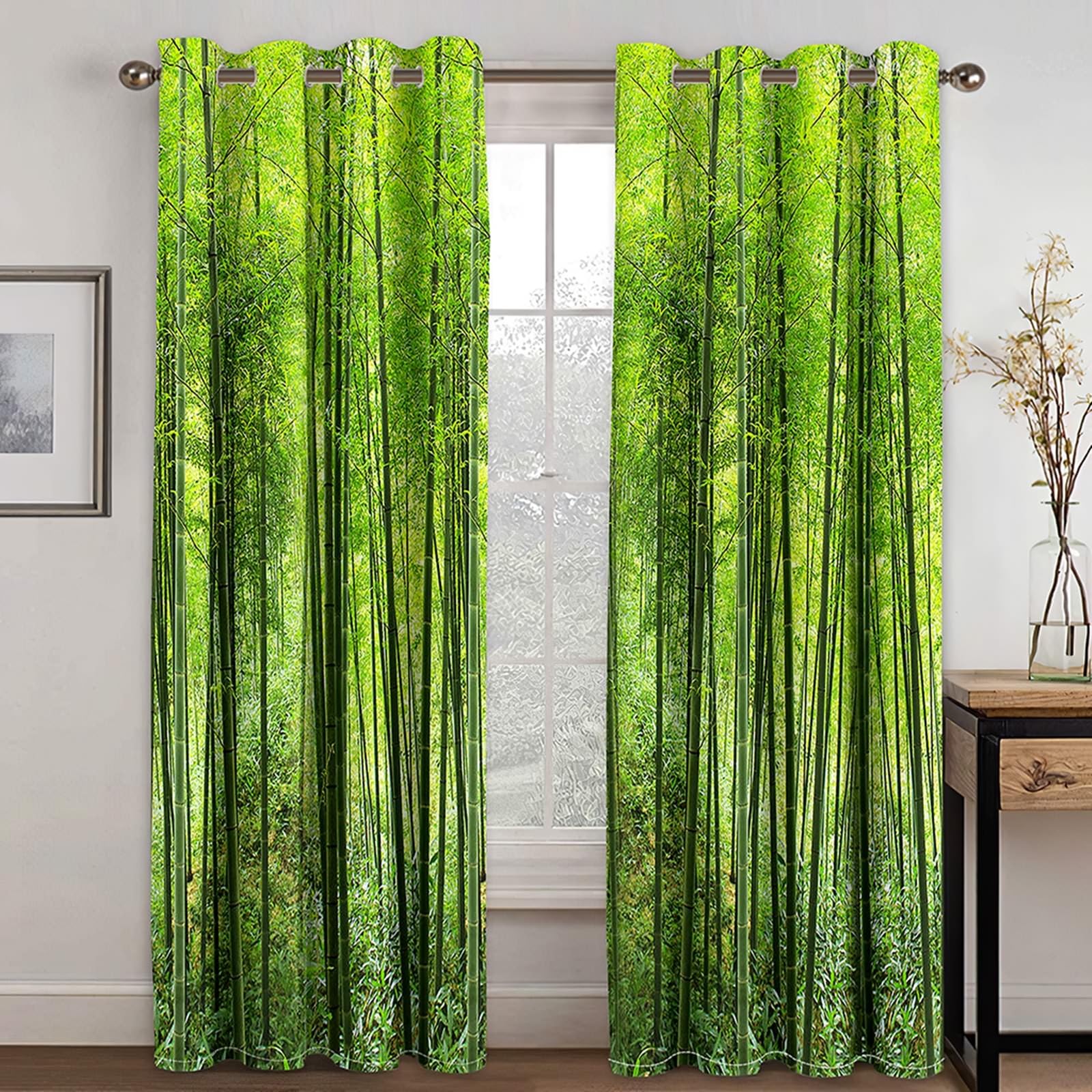 Gualiy Polyester Vorhänge 2er Set Verdunklung, Vorhang Blickdicht 86x115 Natur Wald Vorhang mit Ösen, Grün