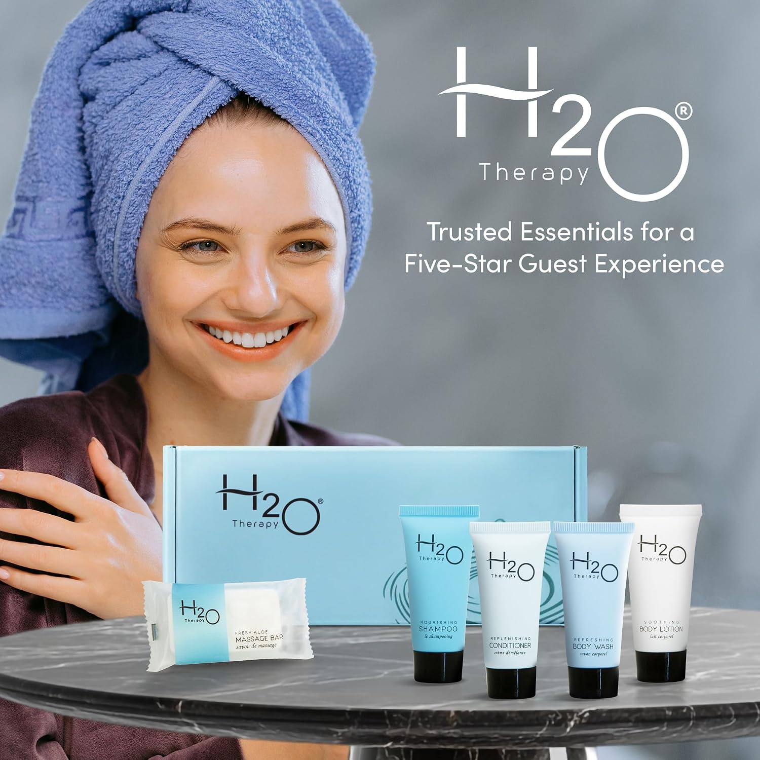 H2O Therapy Amenity Kit | Hotel Bulk Toiletries | 0.85 oz Shampoo, Conditioner, Lotion, Body Wash, Body Bar Soap for Guest Hospitality Vacation Rentals | 1 Set/Case