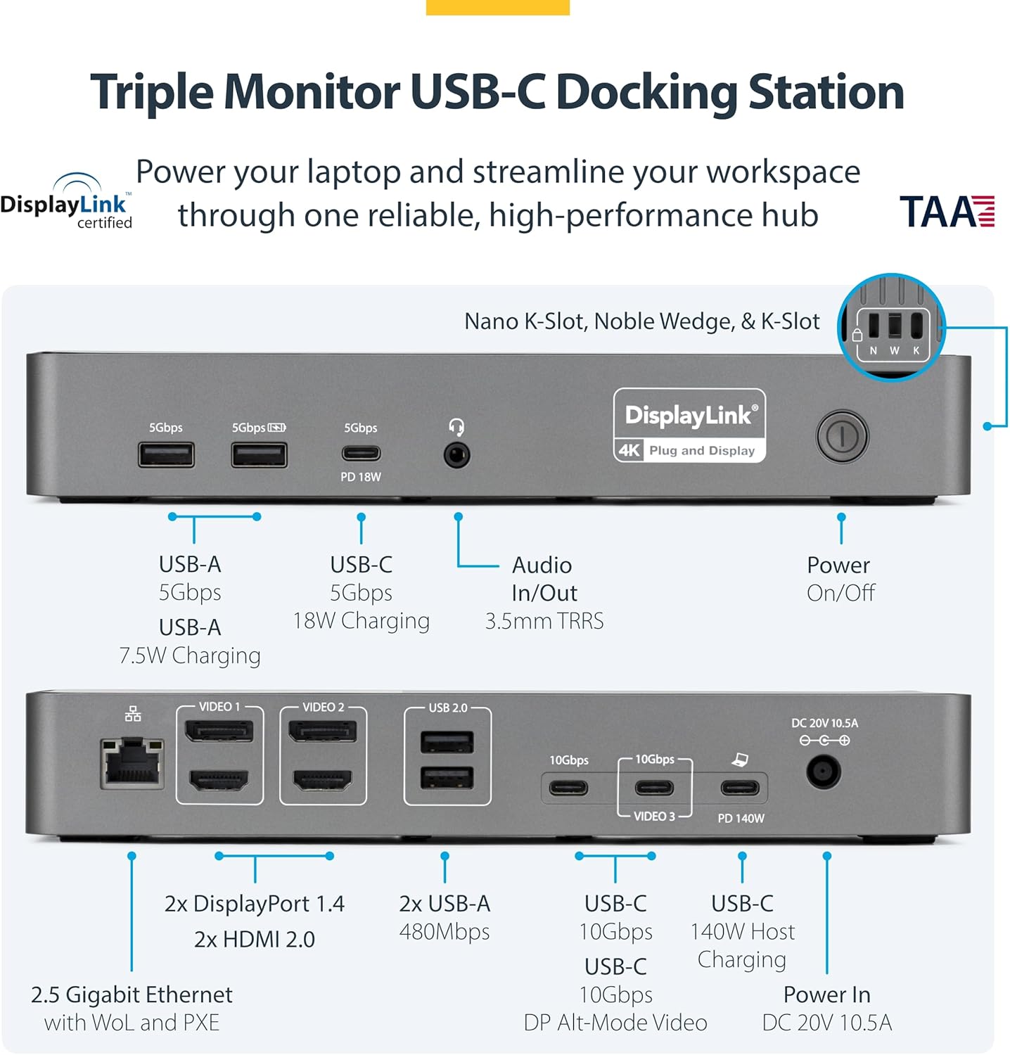StarTech.com Triple Monitor USB-C Docking Station, 4K 60Hz DisplayLink Dock for MacBook M1 M2 M3 M4 & Windows, 2.5GbE, 2X HDMI & 2X DP, 140W Laptop Charging, USB-C DP Alt Mode - TAA
