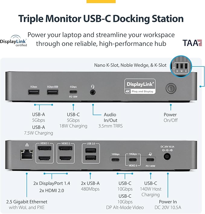 Docking Station USB-C StarTech.com Triple Monitor 4K 60Hz, 2.5GbE, 140W miniatura 2