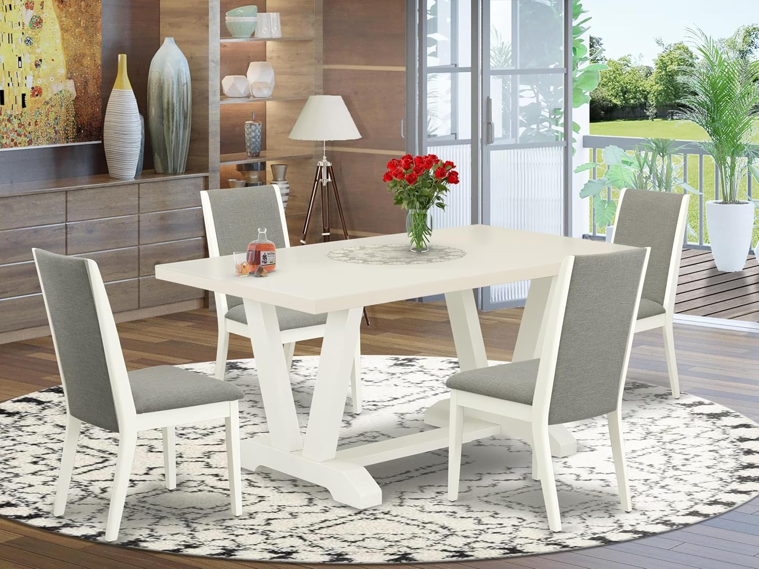 East West Furniture V026LA206-5 5 Piece Kitchen Table Set for 4 Includes a Rectangle Dining Room Table with V-Legs and 4 Shitake Linen Fabric Parsons Dining Chairs, 36x60 Inch, Multi-Color