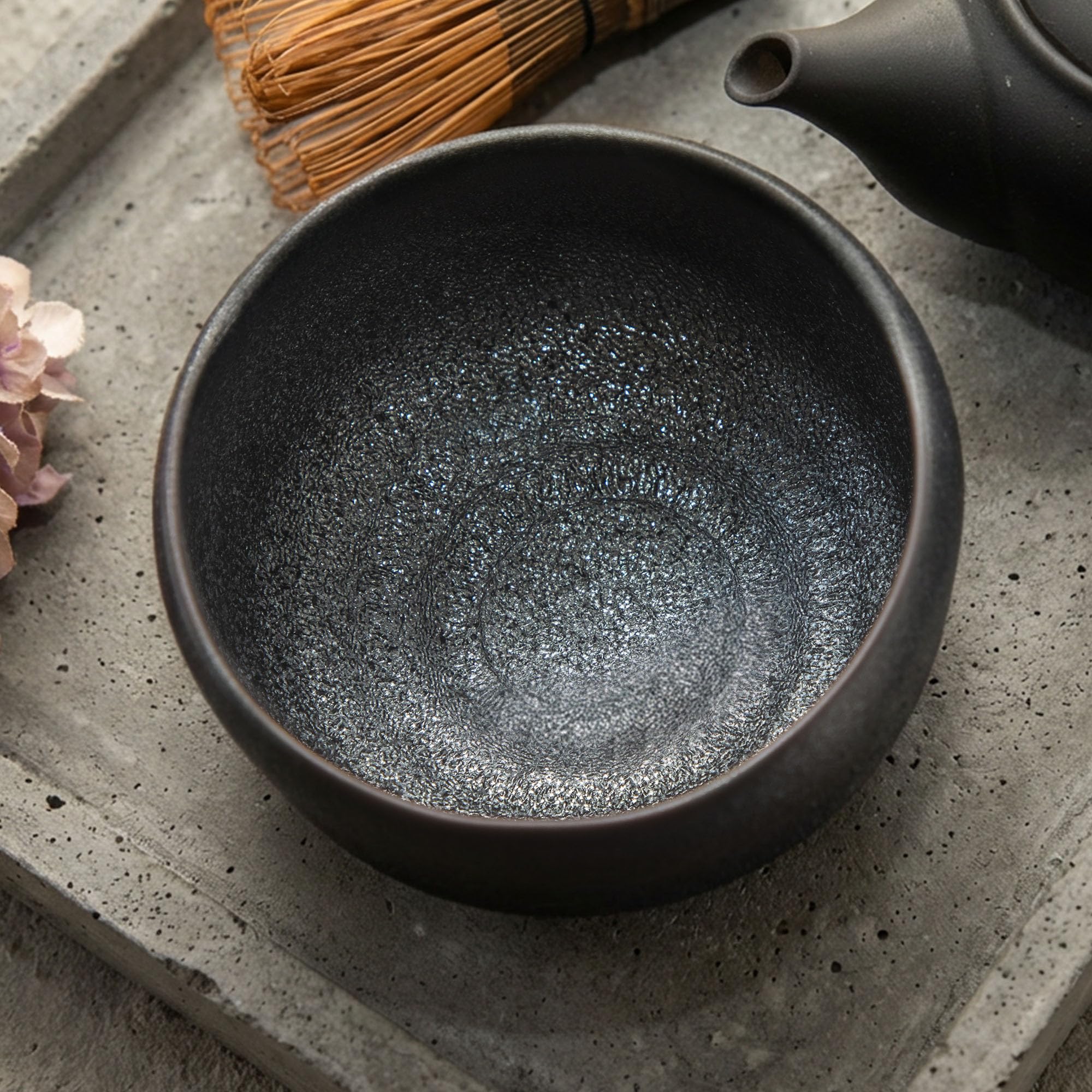 Bol à matcha japonais fait main, bol à thé en grès Mino (argent fumé)