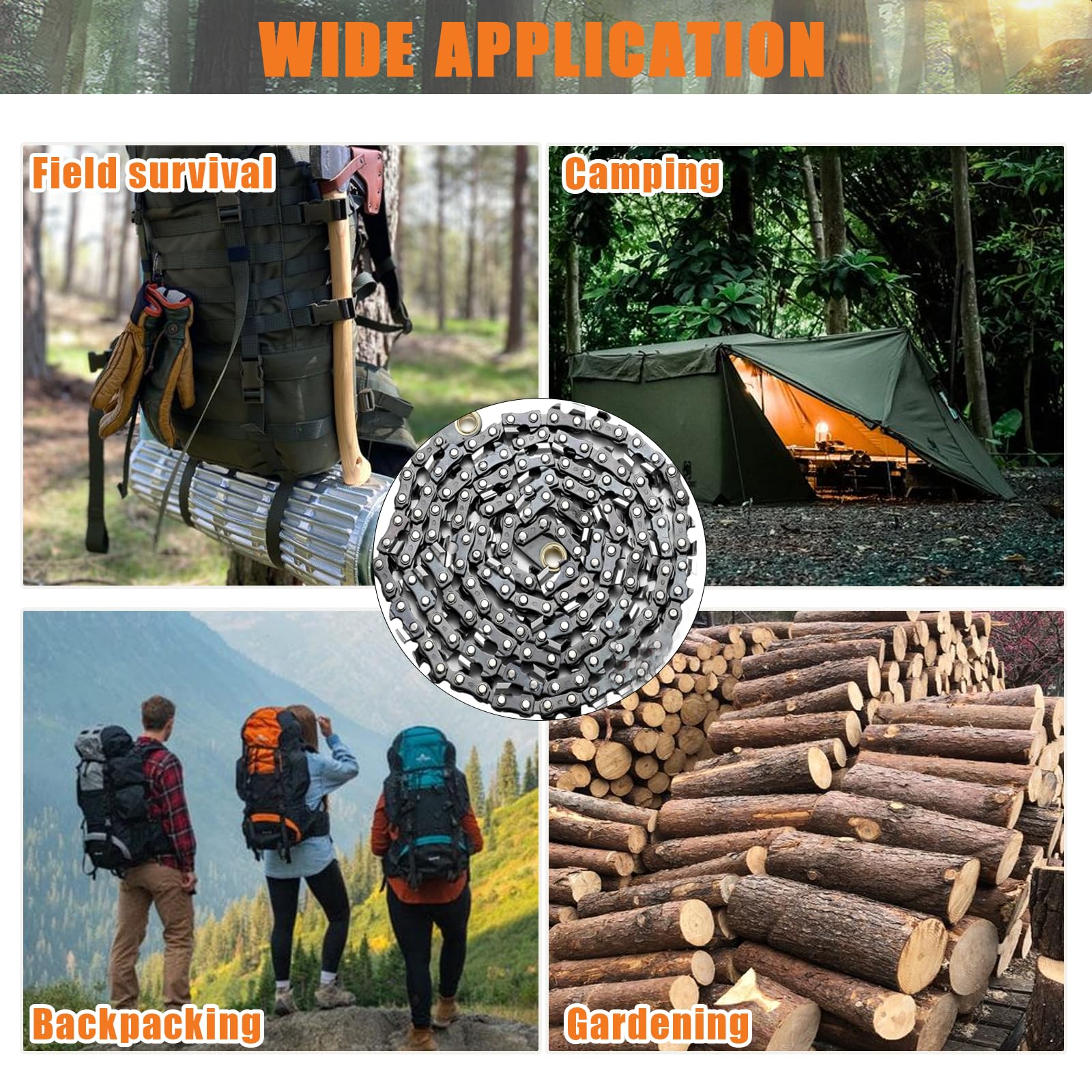 Scie à chaîne manuelle de 133 cm, scie à chaîne pour membre d'arbre haut avec 68 dents, pliante, cordes, sangle, crochet en S, mousqueton, aiguiseur, sac en tissu, tronçonneuse à main pour jardin et