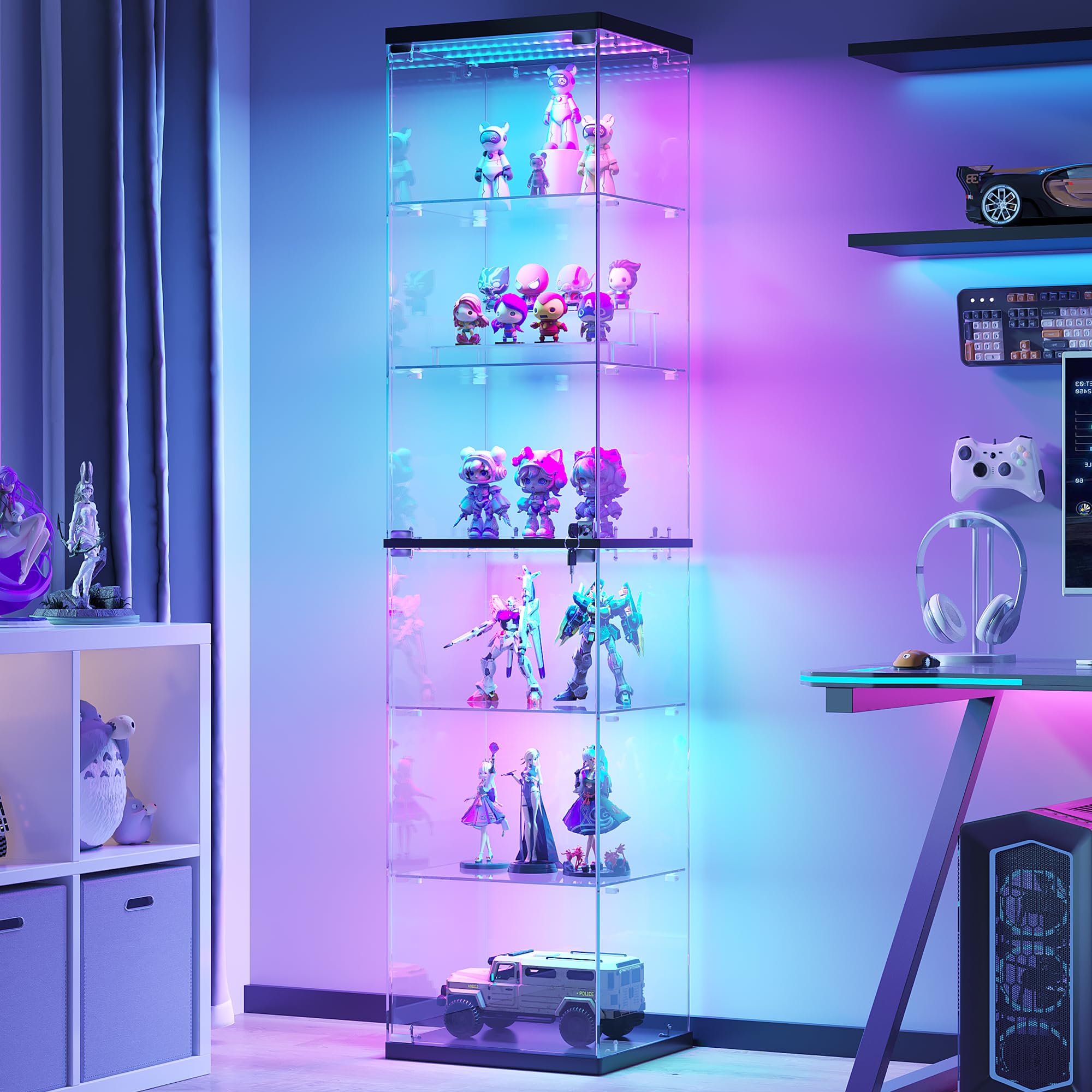 FREDEES Vitrina de cristal LED con iluminación RGB, 6 niveles, 180 cm de