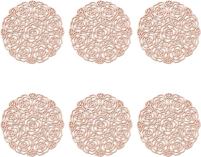 ASFINS Set of 6 Rose Coasters, Hollowed-Out Round Coasters Non-Slip Drinks Coasters Novelty Cup Coaster, for Home and Kitchen Resistant Use, Hollowed-Out, Metallic Round (Rose Gold, Style L, 10cm)