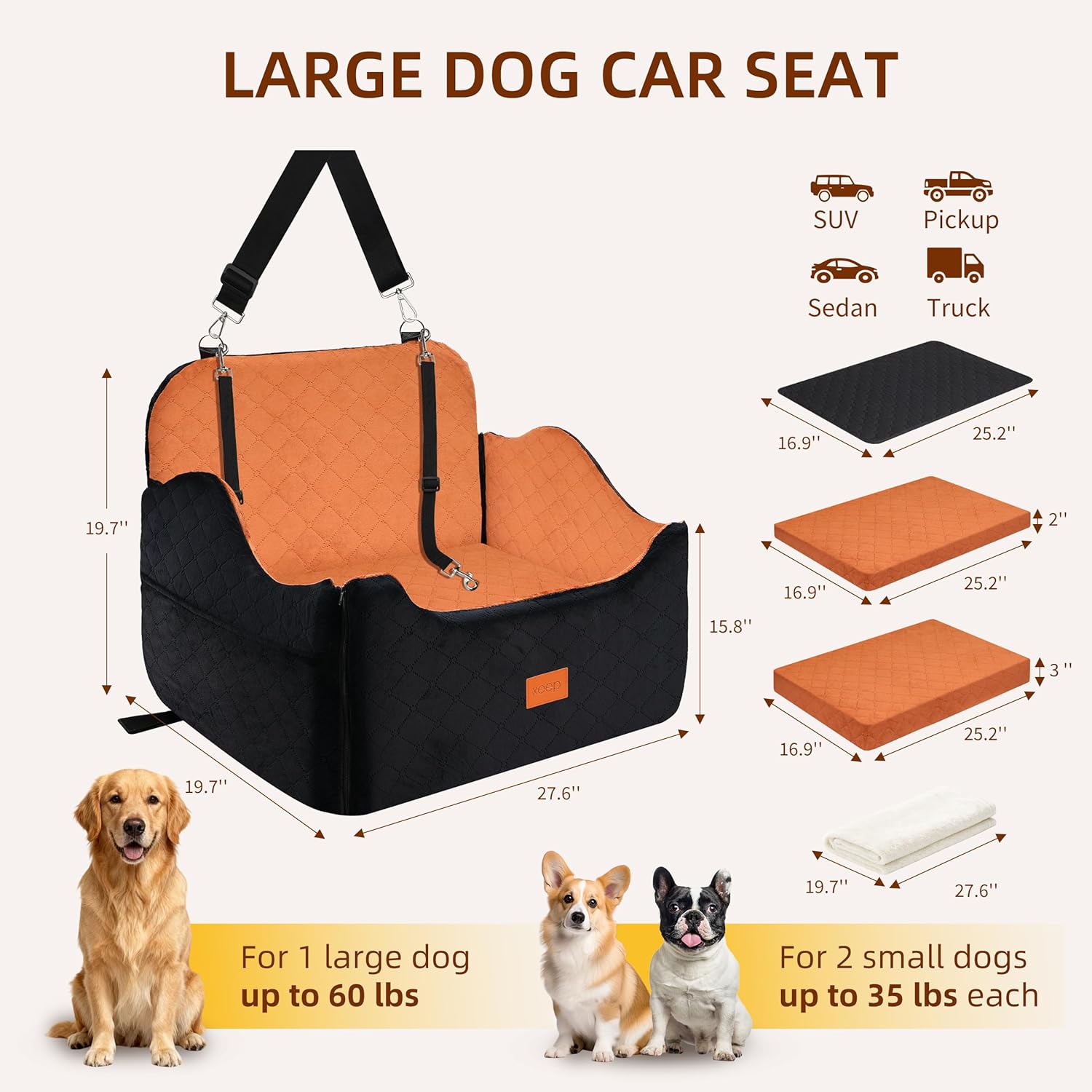 XEEP Dog Car Seat for Medium/Large Dogs Up to 60lbs, Dog Booster Seat with Memory Foam Cushion, Washable Pet Car Seat with Safety Belt & Pee Pad & Blanket, Fits in Back Seat(Black/Brown)