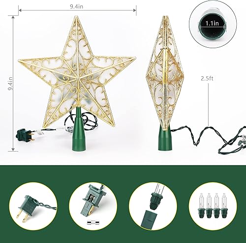 Miniatura 7 de Brizled Decoración para árbol de Navidad de 9 pulgadas, estrella 3D dorada de doble cara, adorno de árbol con purpurina con 10 luces blancas