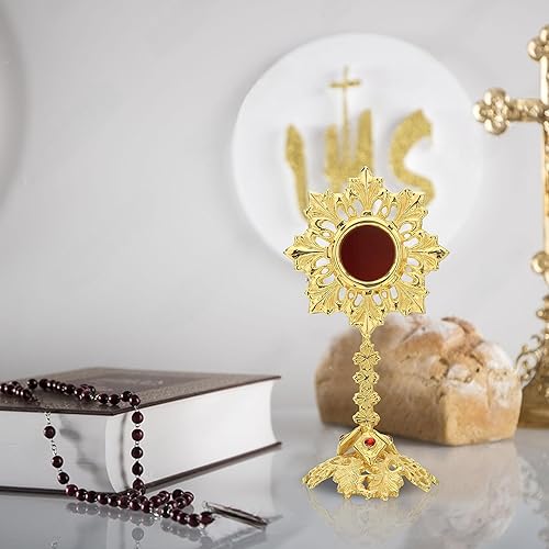 Miniatura 4 de Relicario de latón macizo con base ornamentada y cuentas tachonadas - Monstrance Catholic - Pequeño Relicario para Reliquias - Relicarios Custodias
