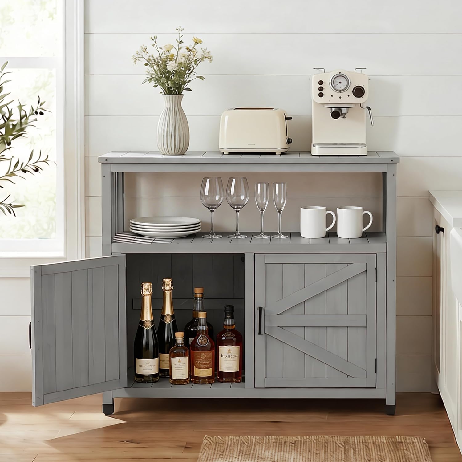 Mederlo Wooden Patio Bar Table with Storage, Cedar Outdoor Buffet Cabinet Sideboard, 42 x 18 x 37 in Serving Station with Double-Layer Tabletop for Patio, Deck, Backyard, Indoor