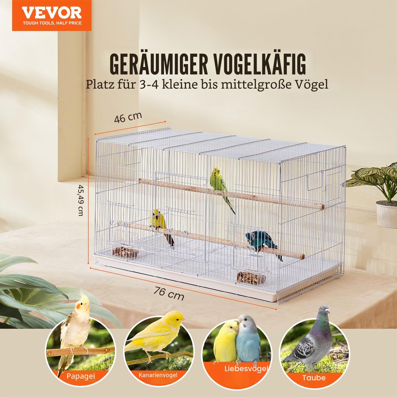 VEVOR Vogelkäfig, 760x460x455mm Metallkäfig für kleine Papageien, Kanarienvögel, Nymphensittiche, Unzertrennliche, Finken, Wellensittiche, Conures, Vogelhaus für unterwegs mit Griff & Sitzstangen