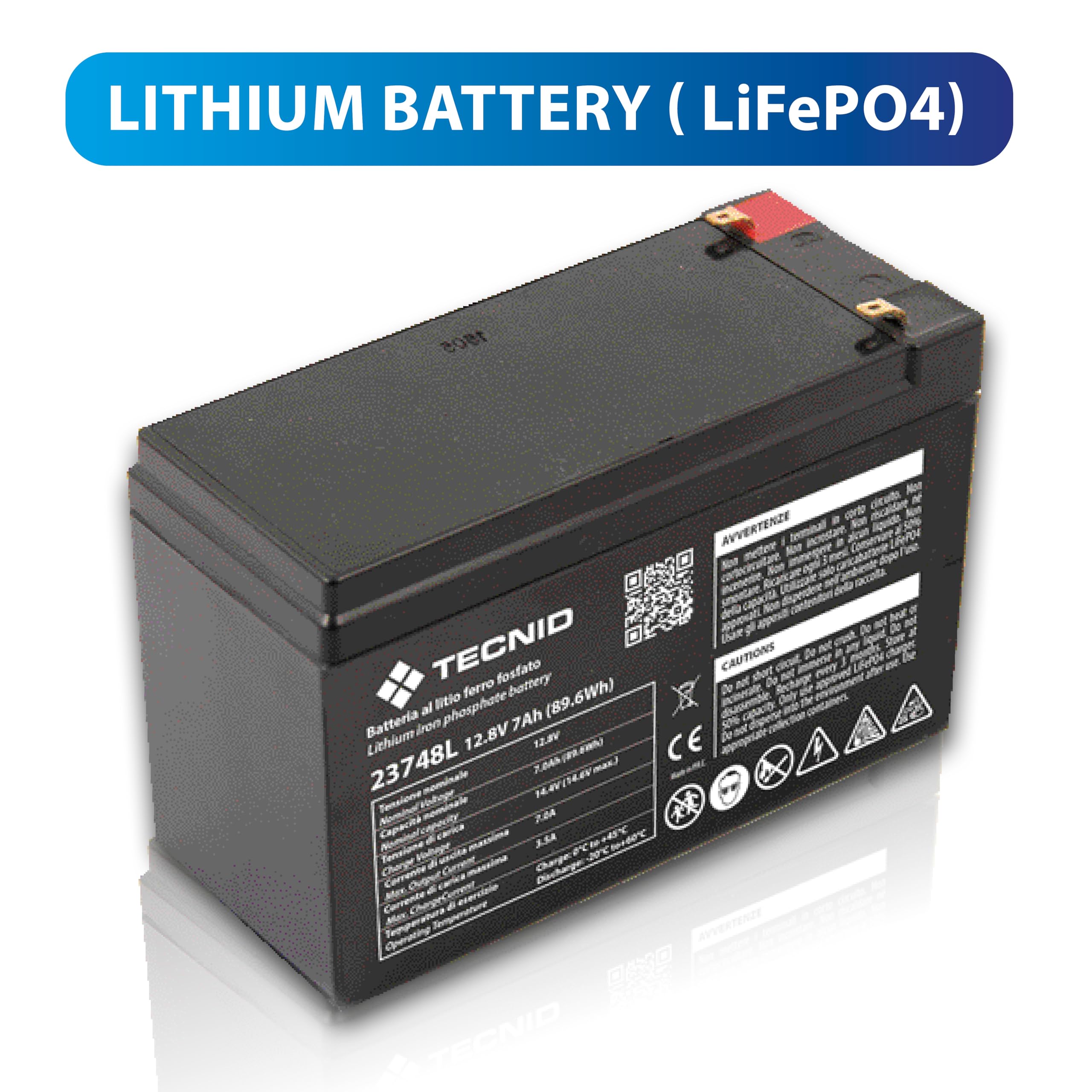 TECNID by Velamp 23748L - Batteria al Litio 12V 7Ah - Attacchi Faston F2 - Ideale per Sistemi di Backup, Allarme, Videosorveglianza, Antincendio, Domotica e UPS